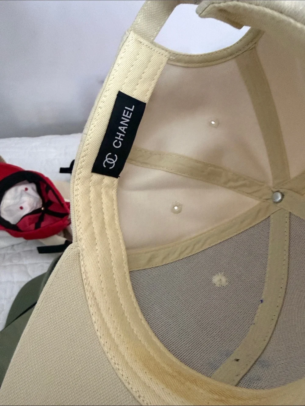 CHANEL Cream Baseball Cap with Navy Embroidered Logo